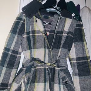 Esprit Green and Gray Plaid Wool Coat with Tie Front